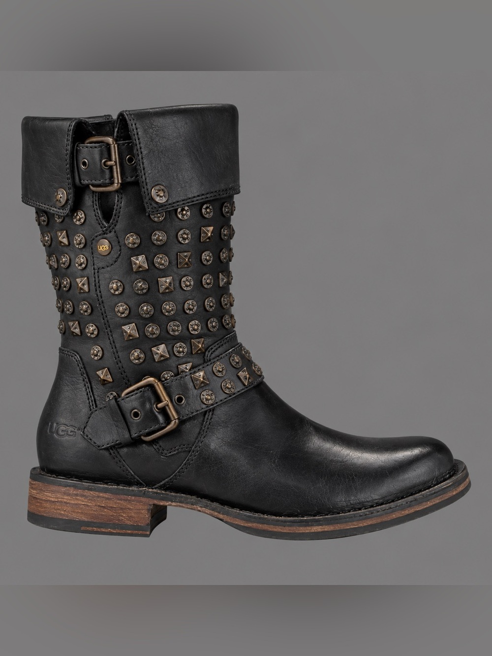 UGG Conor Studs Black Leather Mid-Calf Moto Boots Women’s Size 8
